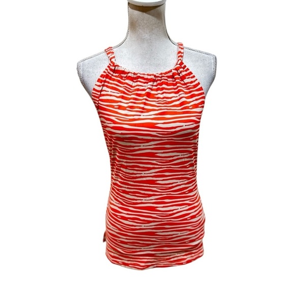 Ellie Kai coral & cream wavy print halter sleeveless stretchy top back tie 2 - Picture 1 of 9